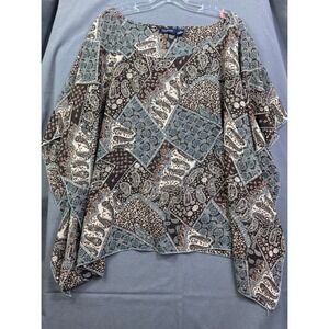 Mileage Women's 2X Paisley Patchwork Poncho Top Brown Blue Boho Blouse